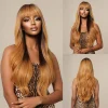 Auburn Brown Body Wave Synthetic Wig Long Ombre Ginger Wigs with Bangs for Women Cosplay Orange Brown Wigs Heat Resistant Fiber