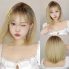 Blonde Bob Wigs with Bangs Short Straight Ombre Wigs for Women Hair with Dark Roots Heat Resistant Synthetic Wig Natural Looking