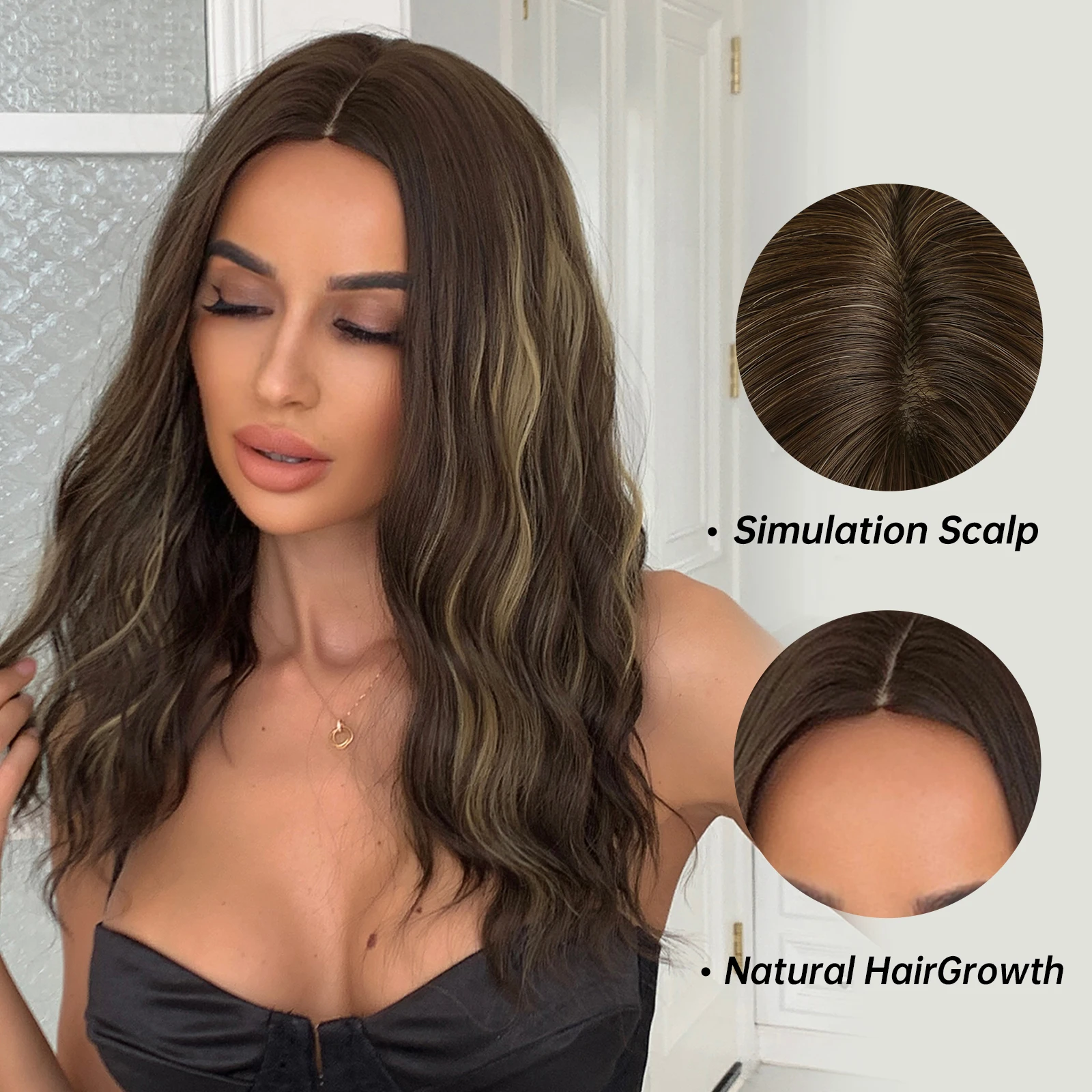 Brown-Highlight-Synthetic-Wigs-Middle-Part-Natural-Wave-Wig-for-Black-Women-Medium-Length-Daily-Fake-1