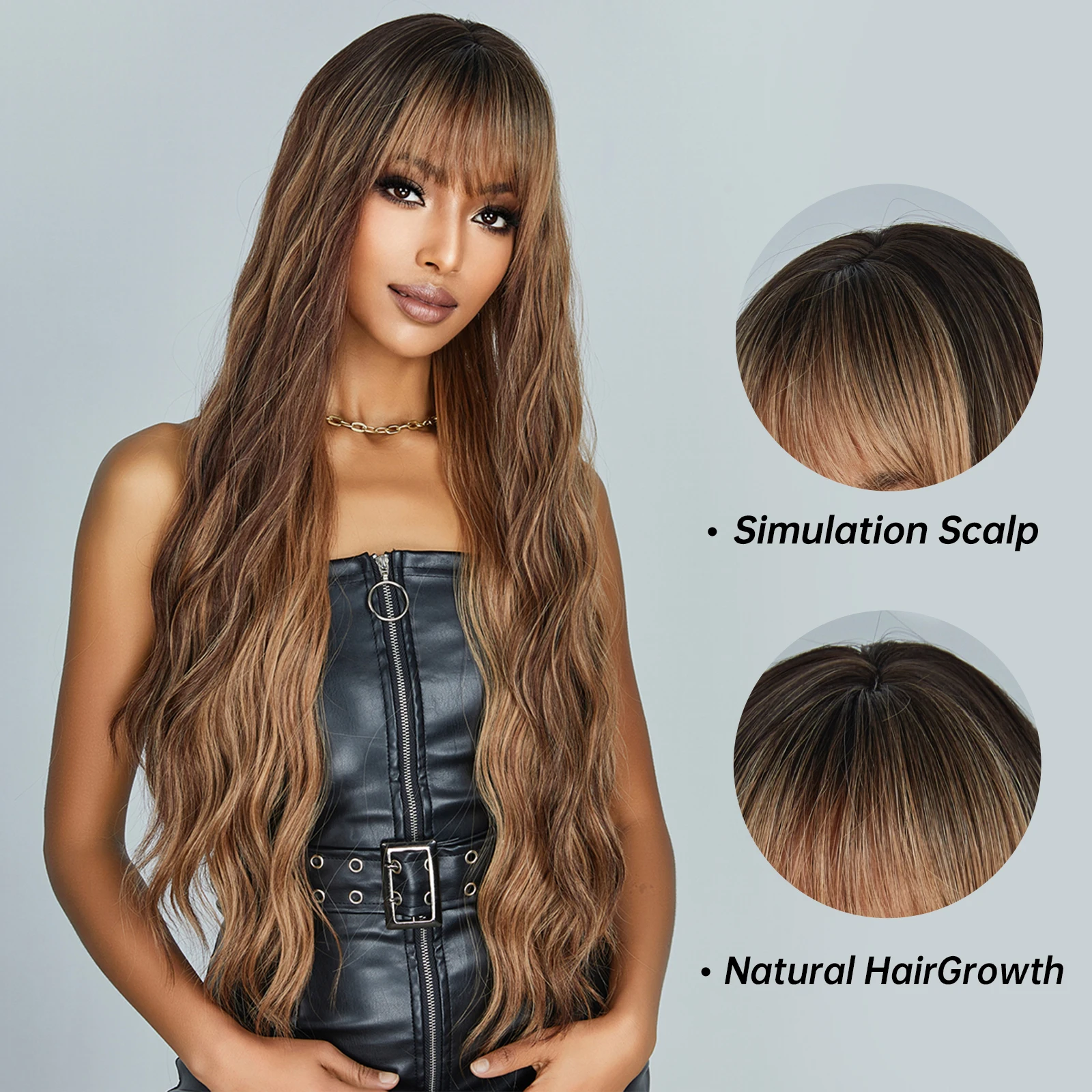Brown-Highlight-Wave-Synthetic-Hair-Wigs-with-Bangs-Long-Mixed-Brown-Natural-Looking-Wig-for-Black-1