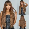 Brown Highlight Wave Synthetic Hair Wigs with Bangs Long Mixed Brown Natural Looking Wig for Black Afro Women Daily Party Hair