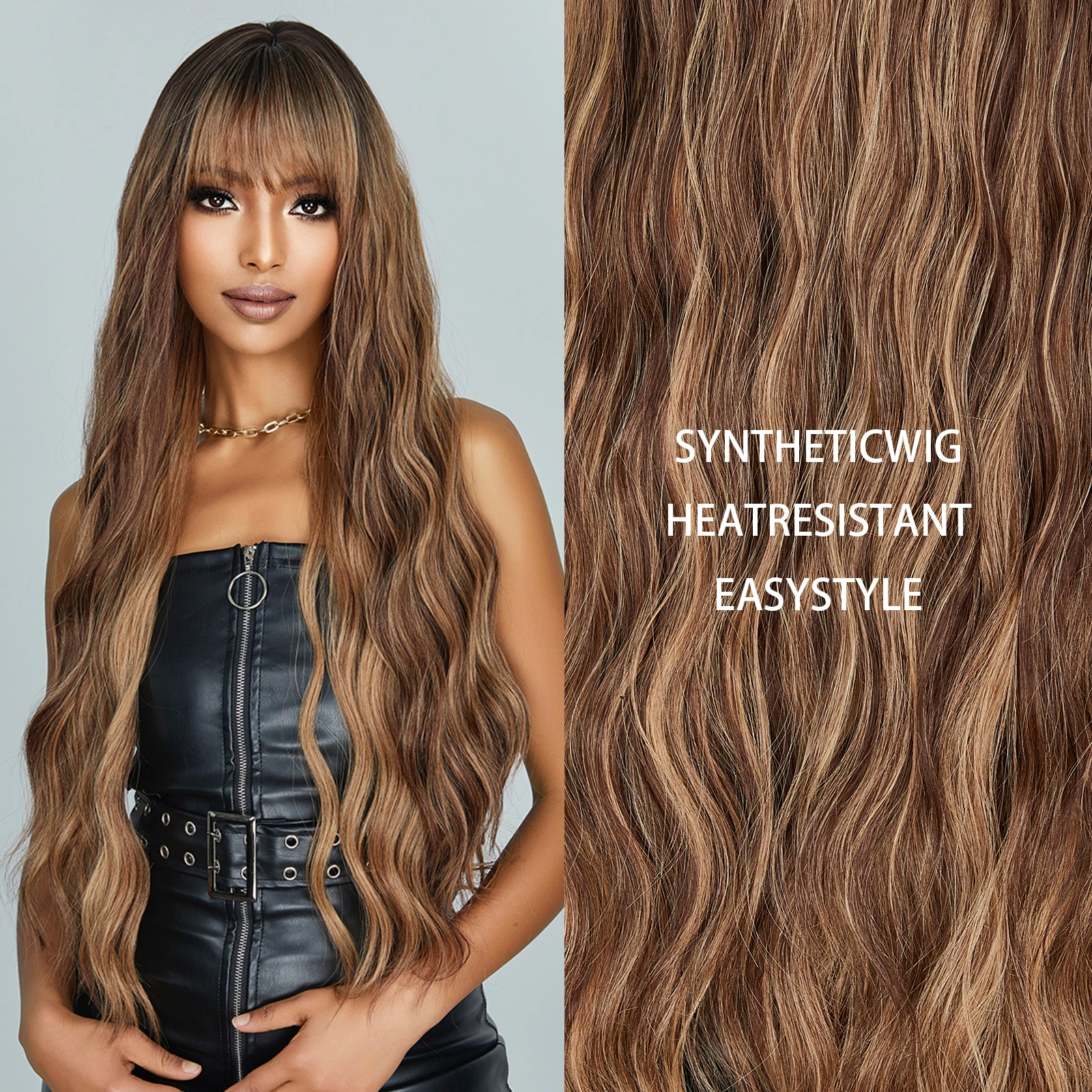 Brown-Highlight-Wave-Synthetic-Hair-Wigs-with-Bangs-Long-Mixed-Brown-Natural-Looking-Wig-for-Black-3