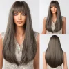 Brown Long Silk Straight Wigs with Bangs Natural Looking Brown Wig for Black Women Heat Resistant Synthetic Hair for Daily Party
