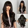 Dark Brown Body Wave Synthetic Wigs with Bangs Long Natural Brown Wavy Wig for Women Daily Party Use High Temperature Fake Hair
