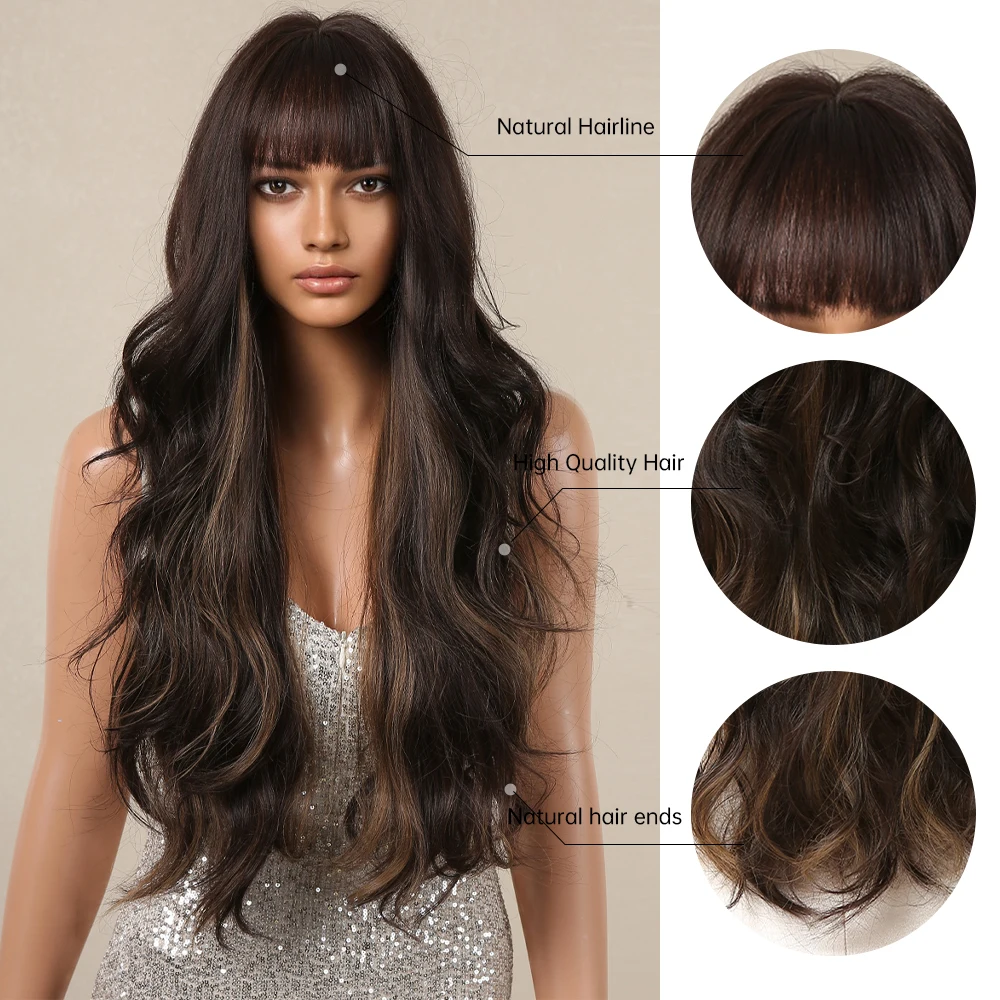 Dark-Brown-Highlight-Synthetic-Hair-Wig-for-Black-Women-Long-Body-Wave-Wig-with-Bangs-Heat-1