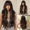 Dark Brown Highlight Synthetic Hair Wig for Black Women Long Body Wave Wig with Bangs Heat Resistant Fiber Natural Looking Daily