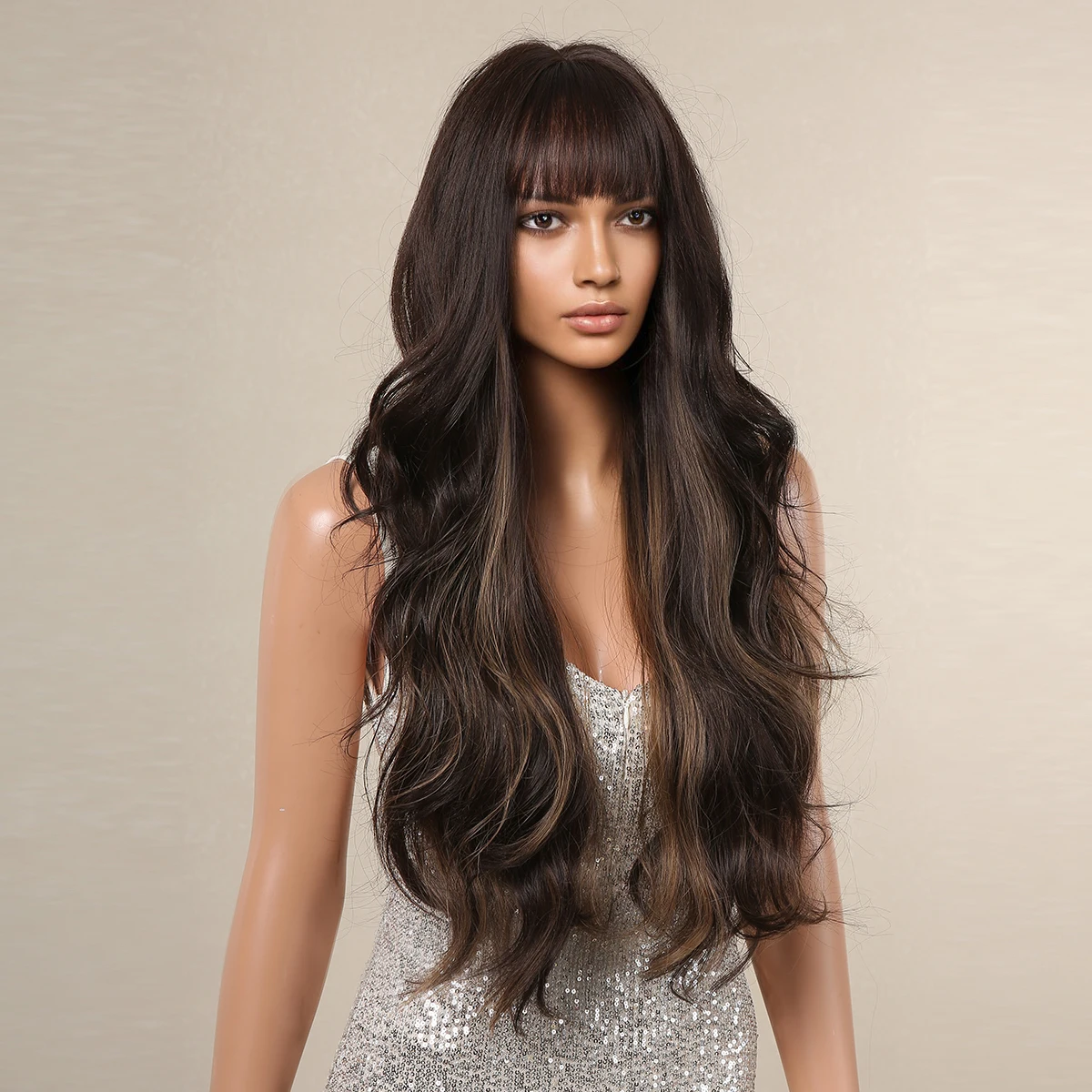 Dark-Brown-Highlight-Synthetic-Hair-Wig-for-Black-Women-Long-Body-Wave-Wig-with-Bangs-Heat-2