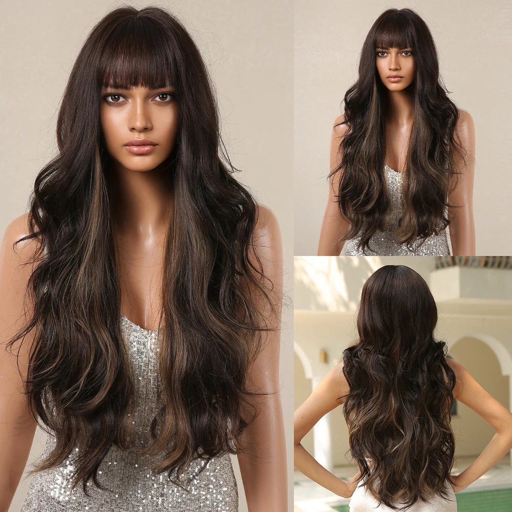 Dark-Brown-Highlight-Synthetic-Hair-Wig-for-Black-Women-Long-Body-Wave-Wig-with-Bangs-Heat