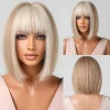 Light Brown Bob Synthetic Wig with Bangs for Women Mixed White Highlight Short Straight Hair Colorful Cosplay Heat Resistant Wig