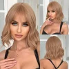 Light Brown Short Wave Synthetic Wig Natural Looking Brown Bob Wigs with Bangs Lolita Cosplay Fake Hair for Women Heat Resistant