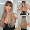 Light Brown Straight Wigs with Bangs Synthetic Ombre Brown Wig for Black Women Smooth Natural Looking Hair Heat Resistant Fiber