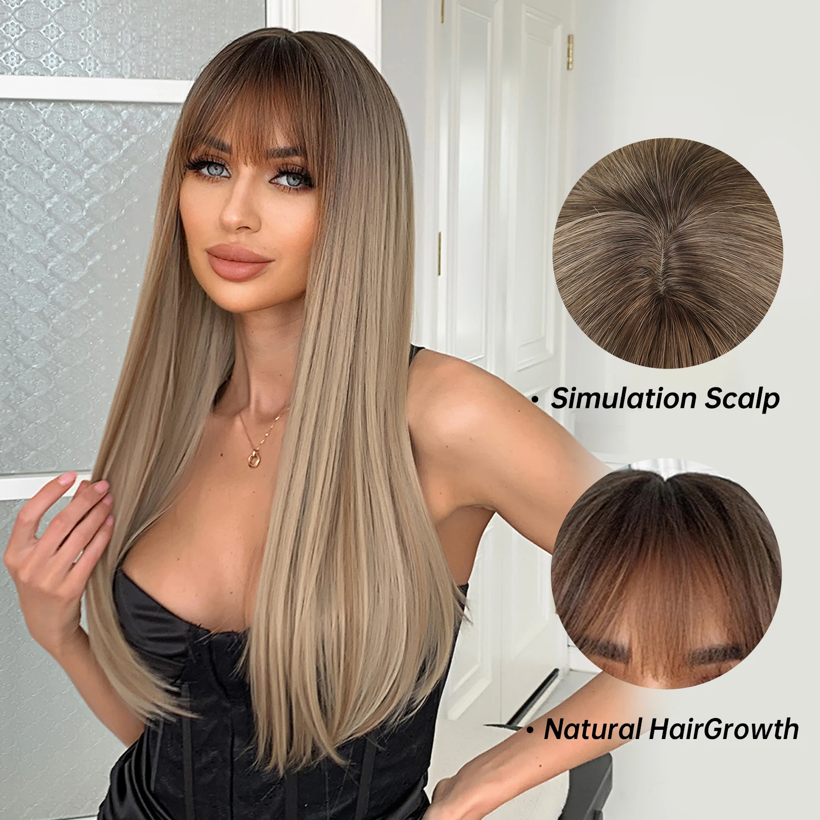 Light-Brown-Straight-Wigs-with-Bangs-Synthetic-Ombre-Brown-Wig-for-Black-Women-Smooth-Natural-Looking-3