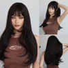 Long Black Brown Layered Wigs for Women Natural Straight Synthetic Wigs with Bangs Daily Silky Fake Hair High Temperature Fiber