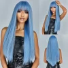 Long Blue Mixed Colored Synthetic Wigs with Bangs Silky Straight Hair Wig for Women Cosplay Halloween Wig High Temperature Fiber