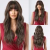 Long Body Wave Wigs with Bangs Brown Highlight Soft Wigs for Women Daily Party Use Natural Looking Synthetic Hair Heat Resistant