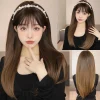 Long Brown Straight Synthetic Wigs with Bangs Natural Looking Hair for White Women Daily Use Party Cosplay Heat Resistant Fiber