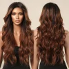 Long Copper Brown Wave Lace Wig Ombre Brown Synthetic Middle Part Wig Hand-tied Hairline Part Lace Wig for Women Natural Looking