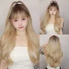 Long Curly Blonde Dark Roots Wigs with Bangs Natural Wavy Soft Wigs for Women Daily Party Synthetic Hair High Temperature Fiber