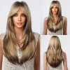 Long Layered Straight Wigs with Bangs Ombre Blonde Brown Highlight Synthetic with Bang for Afro Women Daily Heat Resistant Fiber