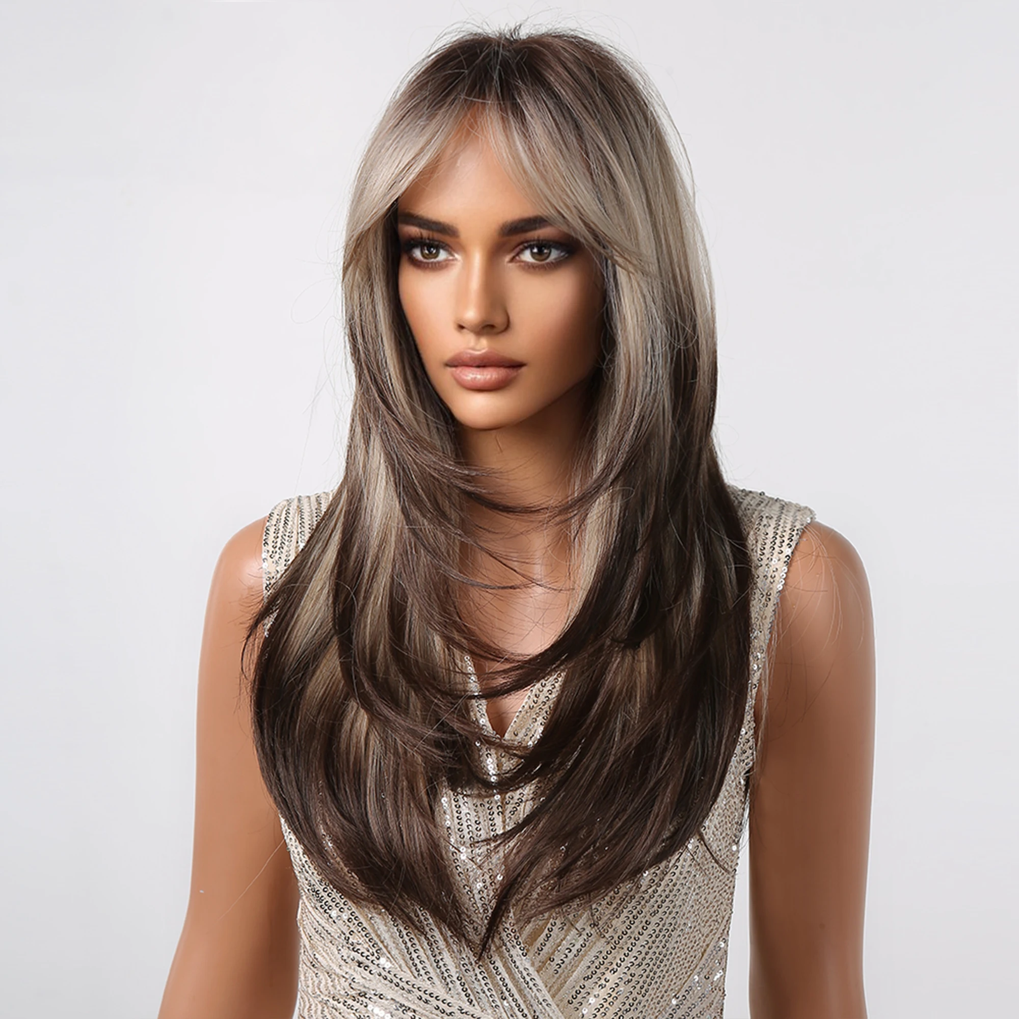 Long-Layered-Straight-Wigs-with-Bangs-Ombre-Grey-Brown-Highlight-Synthetic-Wigs-for-Women-Daily-Use-1
