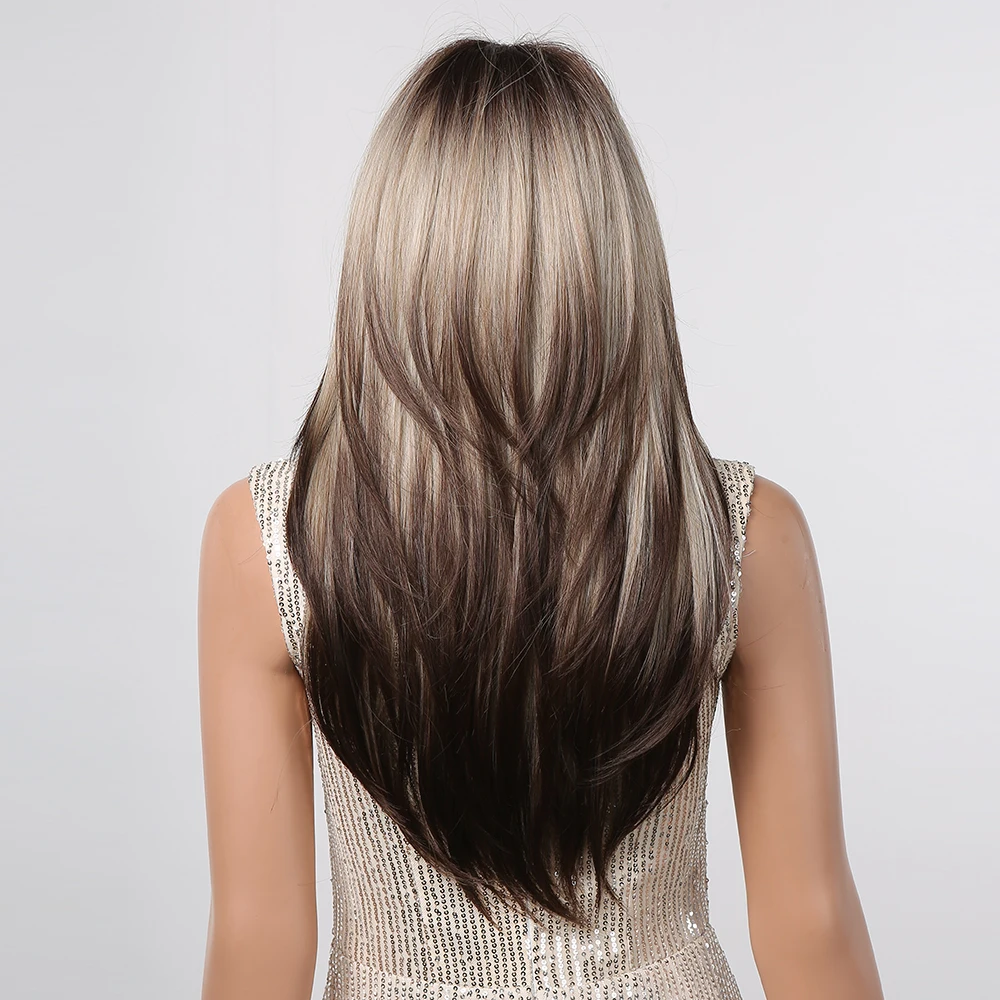Long-Layered-Straight-Wigs-with-Bangs-Ombre-Grey-Brown-Highlight-Synthetic-Wigs-for-Women-Daily-Use-2