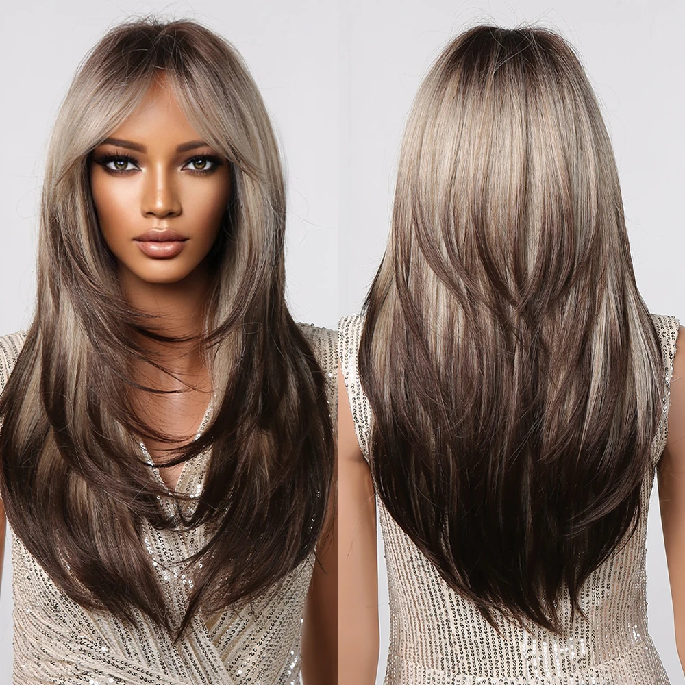 Long-Layered-Straight-Wigs-with-Bangs-Ombre-Grey-Brown-Highlight-Synthetic-Wigs-for-Women-Daily-Use-5