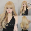 Long Light Blonde Highlight Wavy Wig Mixed Color Synthetic Wigs with Bangs Heat Resistant Daily Party Fake Hair for White Women