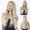 Long Light Blonde Synthetic Wigs with Bangs Curly Fake Hair for White Women Natural Looking High Temperature Wig Daily Use Party