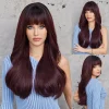 Long Ombre Dark Wine Red Wigs with Bangs Natural Wavy Daily Synthetic Hair Comfortable Soft Party Wigs for Women Heat Resistant