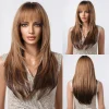Long Straight Layered Wigs for Women Daily Ombre Brown Wigs with Bangs Natural Looking Soft Party Synthetic Hair Heat Resistant