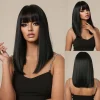 Medium Length Straight Daily Wigs with Bangs Natural Looking Black Synthetic Hair Comfortable Party Wig for Women Heat Resistant