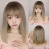 Medium Length Straight Wig with Bangs Natural Light Brown Dark Roots Wig for Women Daily Party Use Synthetic Hair Heat Resistant