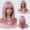 Medium Pink Straight Layered Synthetic Wig with Bang Colorful Natural Hair for Women Daily Party Cosplay Wigs Heat Resistant