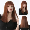 Middle Length Copper Brown Synthetic Wigs with Bangs Straight Smooth Natural Looking Fake Hair for White Women Daily Use Party