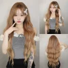 Ombre Brown Long Wavy Wigs with Bangs for Women Synthetic Hair Dark Roots Heat Resistant Wig Light Brown Natural Daily Party Wig