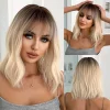 Short Blonde Wave Synthetic Wig with Bangs Ombre Blonde Bob Hair Wig Cute Daily Cosplay Hair Heat Resistant Fiber for Women Afro