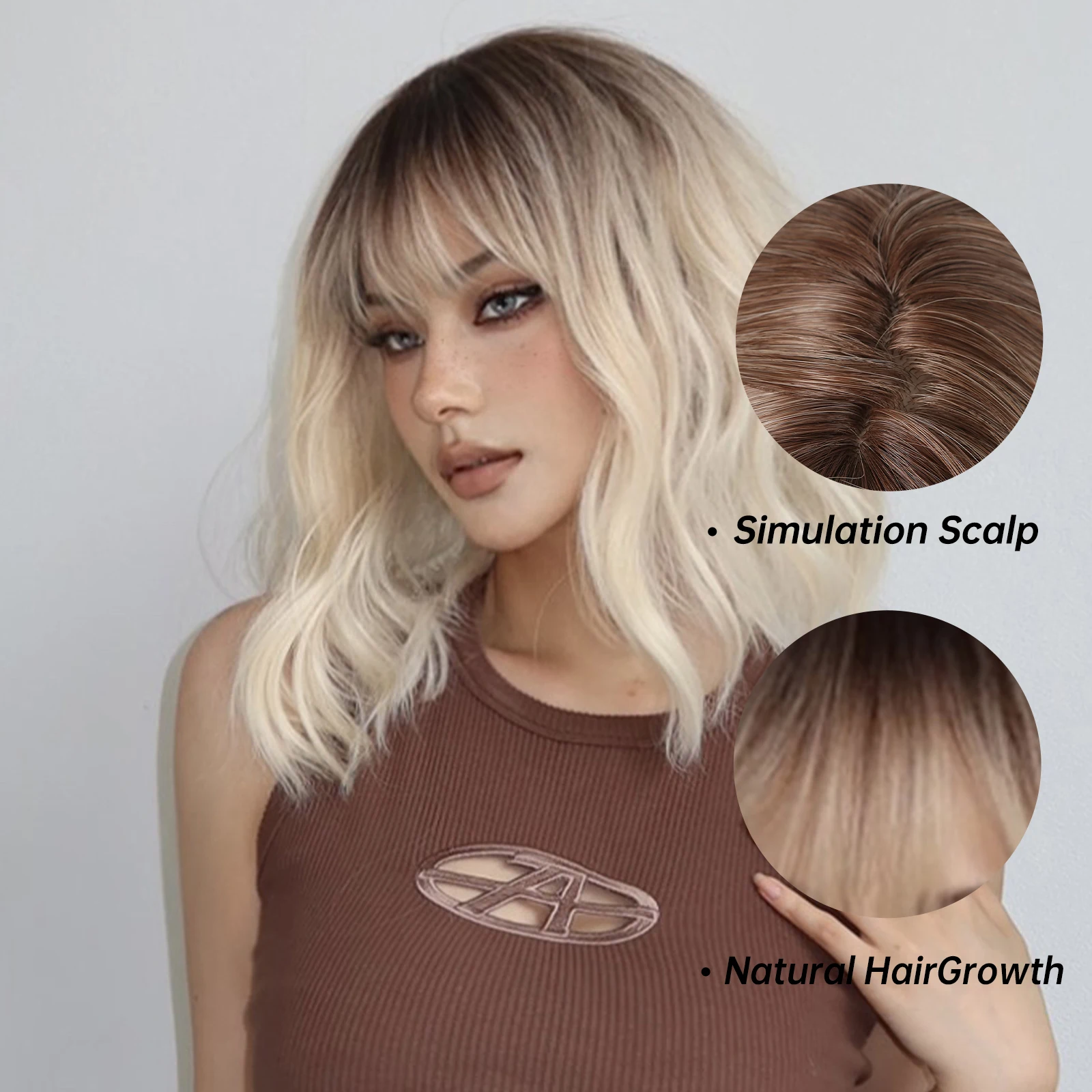 Short-Bobo-Wavy-Wigs-with-Bangs-Light-Blonde-Dark-Roots-Synthetic-Wigs-for-Women-Natural-Looking-4