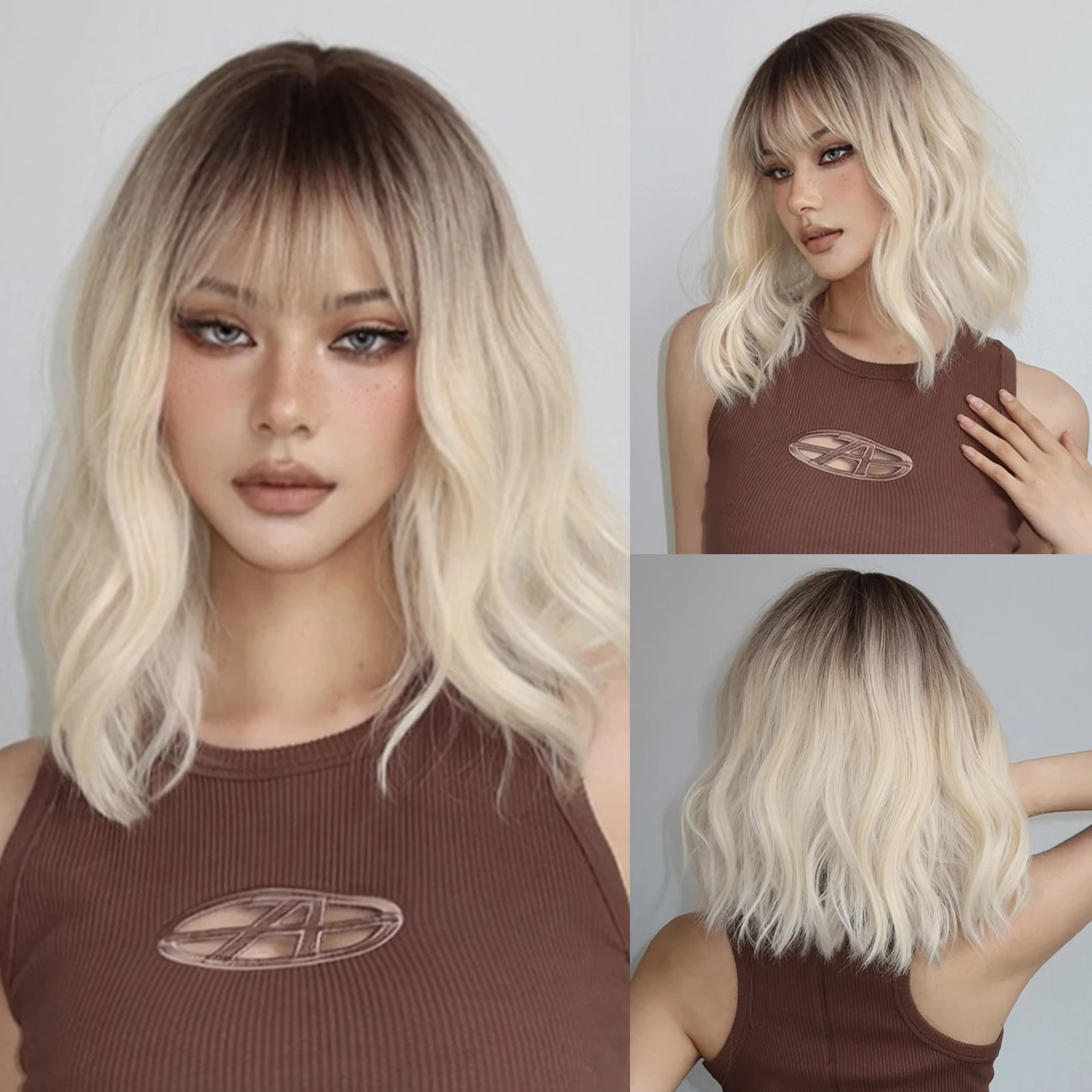 Short-Bobo-Wavy-Wigs-with-Bangs-Light-Blonde-Dark-Roots-Synthetic-Wigs-for-Women-Natural-Looking
