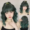 Short Green Bob Curly Synthetic Wig with Bangs Natural Wavy Fake Hair for White Women Cosplay Party Use Hairpiece Heat Resistant