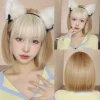 Short Straight Light Brown Mixed White Highlight Bob Synthetic Wig with Bangs for White Women Daily Party Cosplay Heat Resistant