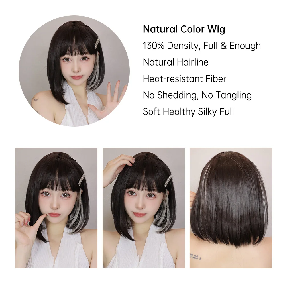 Straight-Bob-Black-Highlight-White-Wigs-with-Bangs-Short-Natural-Daily-Use-Synthetic-Hair-for-Women-4